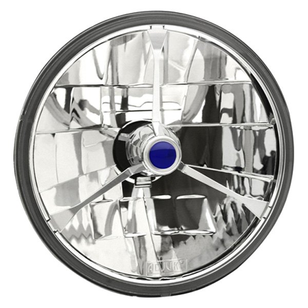 Adjure® - 7" Round Chrome Diamond Cut Trillient Tri Bar Euro Headlight With Blue Dot