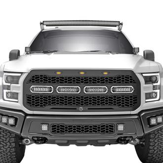 aFe® - 1-Pc Scorpion Series Tread Design Flat Black Laser Cut Main Grille with 4 x 6" LED Light Bars