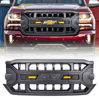 American Modified® - 1-Pc Armor Style Matte Black Main Grille with Amber Lights and Emblem Base