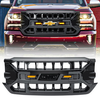 American Modified® - 1-Pc Armor Style Glossy Black Main Grille with Amber Lights and Emblem Base