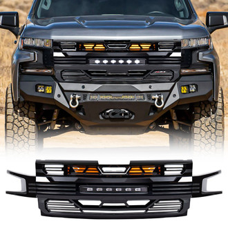 American Modified® - 1-Pc Armor Style Glossy Black Main Grille with Off-Road Lights