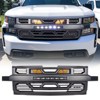 American Modified® - 1-Pc Armor Style Matte Black Main Grille with Off-Road Lights and Amber Light