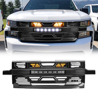 American Modified® - 1-Pc Armor Style Glossy Black Main Grille with Off-Road Lights