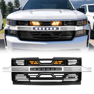 American Modified® - 1-Pc Armor Style Chrome and Glossy Black Main Grille with Off-Road Lights