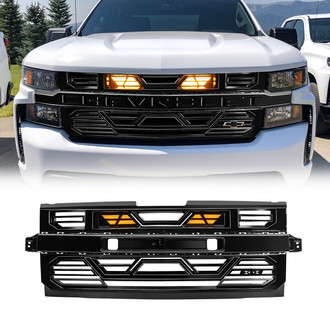 American Modified® - 1-Pc Armor Style Glossy Black Main Grille with Amber Lights and Emblem Base