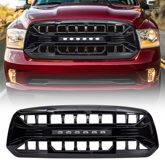 American Modified® - 1-Pc Armor Style Glossy Black Main Grille with Off-Road Lights