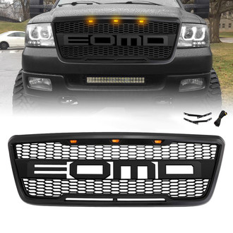 American Modified® - 1-Pc Raptor Style Matte Black Main Grille with Amber Lights