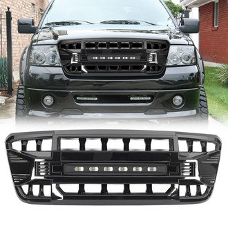 American Modified® - 1-Pc Armor Style Glossy Black Main Grille with Off-Road Lights