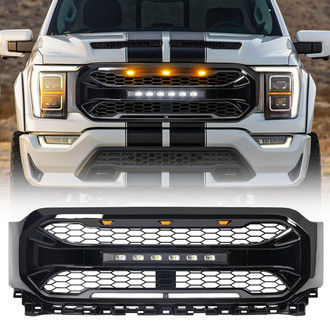American Modified® - 1-Pc Armor Style Glossy Black Main Grille with LED Off-Road Lights