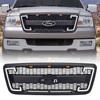 American Modified® - 1-Pc Mesh Style Matte Black Main Grille with Amber Lights, DRL, Signal Lights and Emblem Base