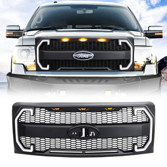 American Modified® - 1-Pc Matte Black Main Grille with Amber Lights, DRL, Signal Lights and Emblem Base