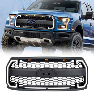 American Modified® - 1-Pc Matte Black Main Grille with Amber Lights, DRL, Signal Lights and Emblem Base