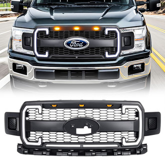American Modified® - 1-Pc Matte Black Main Grille with Amber Lights, DRL, Signal Lights and Emblem Base