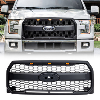American Modified® - 1-Pc Raptor Style Matte Black Main Grille with Amber Lights and Emblem Base