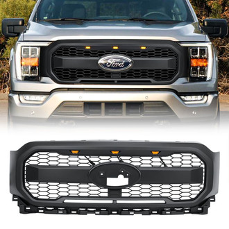 American Modified® - 1-Pc Raptor Style Matte Black Main Grille with Amber Lights and Emblem Base