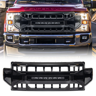 American Modified® - 1-Pc Armor Style Glossy Black Main Grille with LED Off-Road Lights