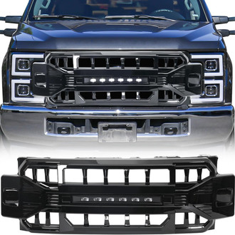 American Modified® - 1-Pc Armor Style Glossy Black Main Grille with LED Off-Road Lights