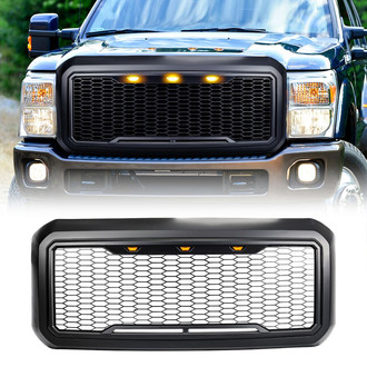American Modified® - 1-Pc Raptor Style Matte Black Main Grille with Amber Lights