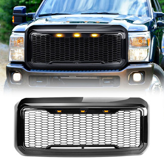 American Modified® - 1-Pc Raptor Style Glossy Black Main Grille with Amber Lights