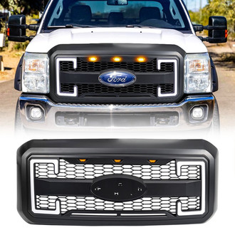 American Modified® - 1-Pc Raptor Style Matte Black Main Grille with Amber Lights, DRL, Signal Lights and Emblem Base