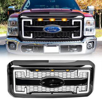 American Modified® - 1-Pc Raptor Style Glossy Black Main Grille with Amber Lights, DRL, Signal Lights and Emblem Base