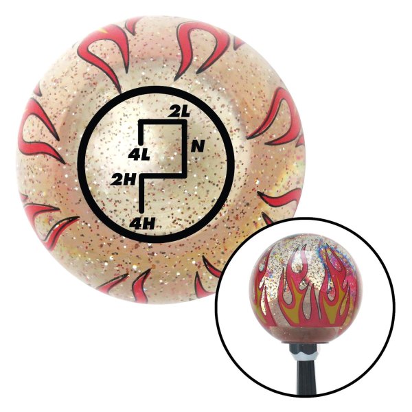 American Shifter® - Old Skool Series Clear with Flames and Metal Flakes Custom Transfer Case Shift Knob (M16 x 1.5 Insert)