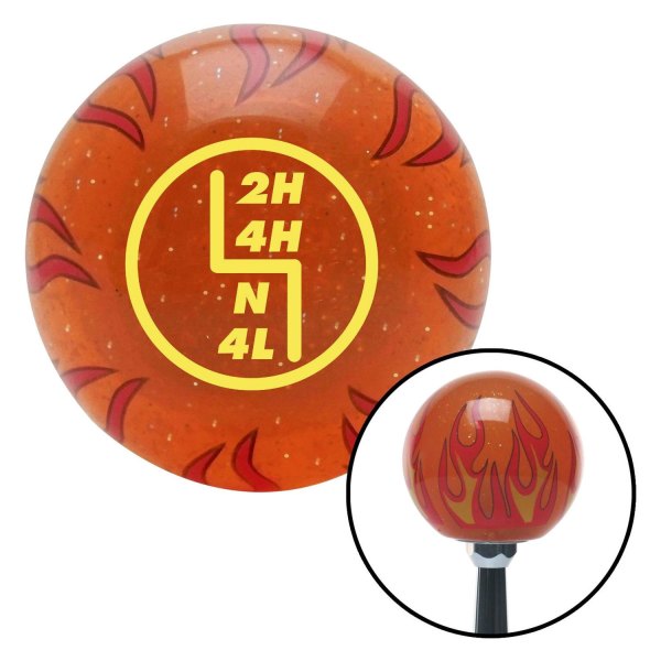 American Shifter® - Old Skool Series Translucent Orange with Flames and Metal Flakes Custom Transfer Case Shift Knob (M16 x 1.5 Insert)