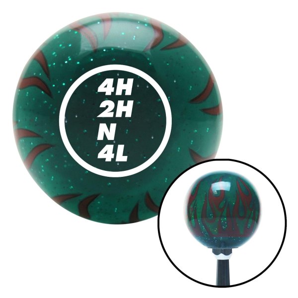 American Shifter® - Old Skool Series Translucent Green with Flames and Metal Flakes Custom Transfer Case Shift Knob (M16 x 1.5 Insert)