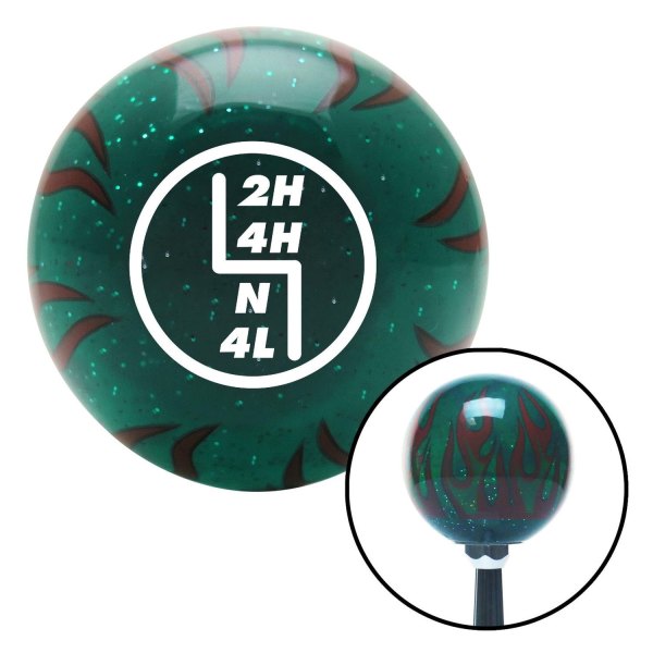 American Shifter® - Old Skool Series Translucent Green with Flames and Metal Flakes Custom Transfer Case Shift Knob (M16 x 1.5 Insert)