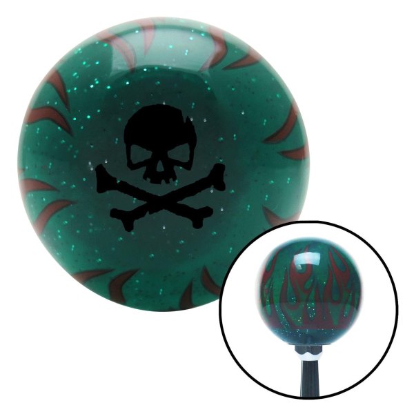 American Shifter® - Old Skool Series "Skulls and Gothic" Translucent Green with Flames and Metal Flakes Custom Shift Knob (M16 x 1.5 Insert)