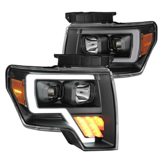 Anzo® - Plank Style Driver and Passenger Side Black U-Bar™ Projector Headlights with Tri-Bar LED Turn Signal