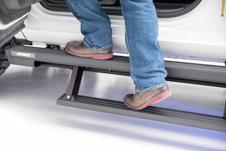  Up to 15" drop. The power step drops 8" when the door opens and up to 15" below the doorsill.