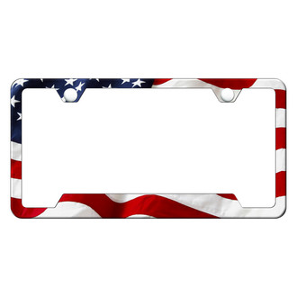 Autogold® - UV Printed Black License Plate Frame with Notched USA Flag Logo