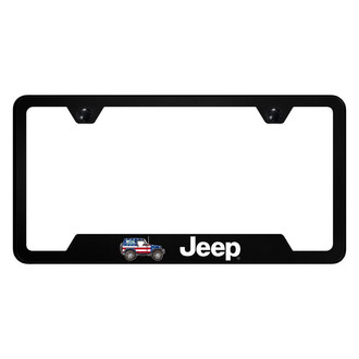 Autogold® - UV Printed Black License Plate Frame with Notched Jeep Flag