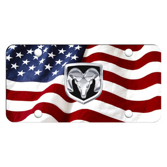 Autogold® - Wave Flag License Plate with 3D Chrome Ram OEM Emblem