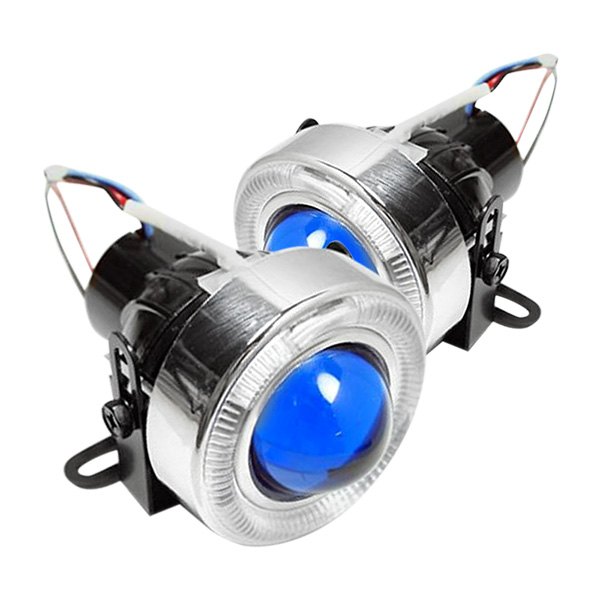 AutoTecknic® - P1A Series 85mm Round Blue Projector Fog Lights With LED White Halo, 