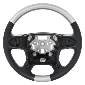 B&I® - Premium Design Charcoal Black Leather Steering Wheel with Platinum Silver Grip Steering Wheel