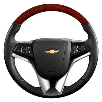 B&I® - Premium Design Black Leather Steering Wheel with Blackwood on Top Inserts Steering Wheel