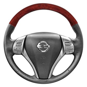 B&I® - Premium Thumb-Grip Design Black Leather Steering Wheel with Blackwood on Top Inserts Steering Wheel