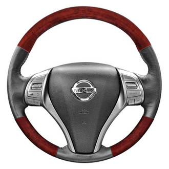 B&I® - Premium Thumb-Grip Design Black Leather Steering Wheel with Blackwood on Top and Bottom Inserts Steering Wheel