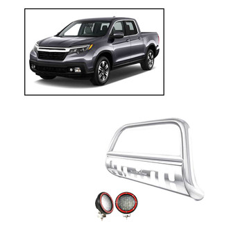 Black Horse® - 3" Polished LED Bull Bar with Polished Skid Plate and with 5.3" Red Round Flood LED Lights