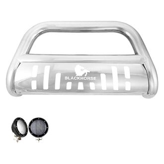 Black Horse® - 3" Polished LED Bull Bar with Polished Skid Plate and with 5.3" Black Round Flood LED Lights