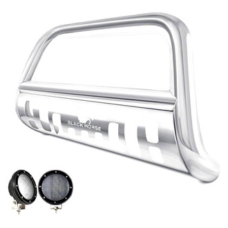 Black Horse® - 3" Polished LED Bull Bar with Polished Skid Plate and with 5.3" Black Round Flood LED Lights