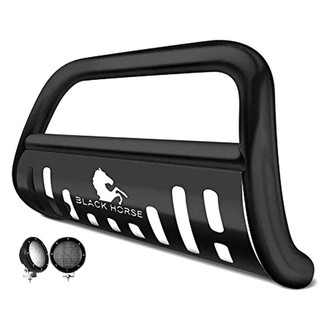 Black Horse® - 3" Black LED Bull Bar with Black Skid Plate and with 5.3" Black Round Flood LED Lights