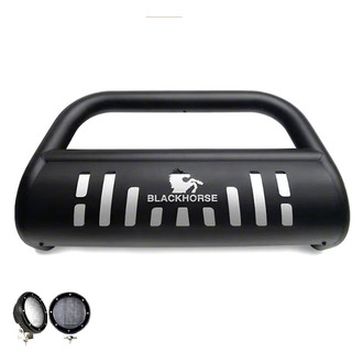 Black Horse® - 3" Black LED Bull Bar with Black Skid Plate and with 5.3" Black Round Flood LED Lights