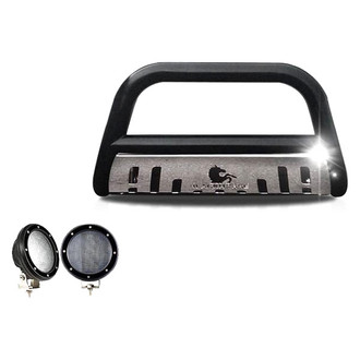 Black Horse® - 2.5" Black LED Bull Bar with Polished Skid Plate and with 5.3" Black Round Flood LED Lights