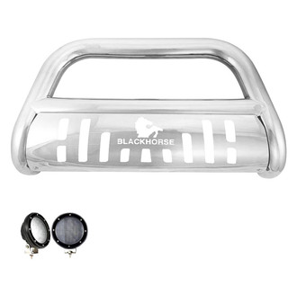 Black Horse® - 3" Polished LED Bull Bar with Polished Skid Plate and with 5.3" Black Round Flood LED Lights