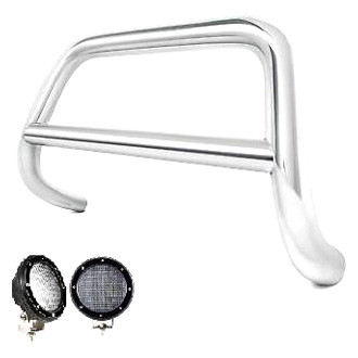 Black Horse® - 2.5" Polished LED Bull Bar w/o Skid Plate and with 5.3" Black Round Flood LED Lights