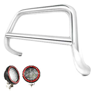 Black Horse® - 2.5" Polished LED Bull Bar w/o Skid Plate and with 5.3" Red Round Flood LED Lights
