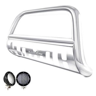 Black Horse® - 3" Polished LED Bull Bar with Polished Skid Plate and with 5.3" Black Round Flood LED Lights